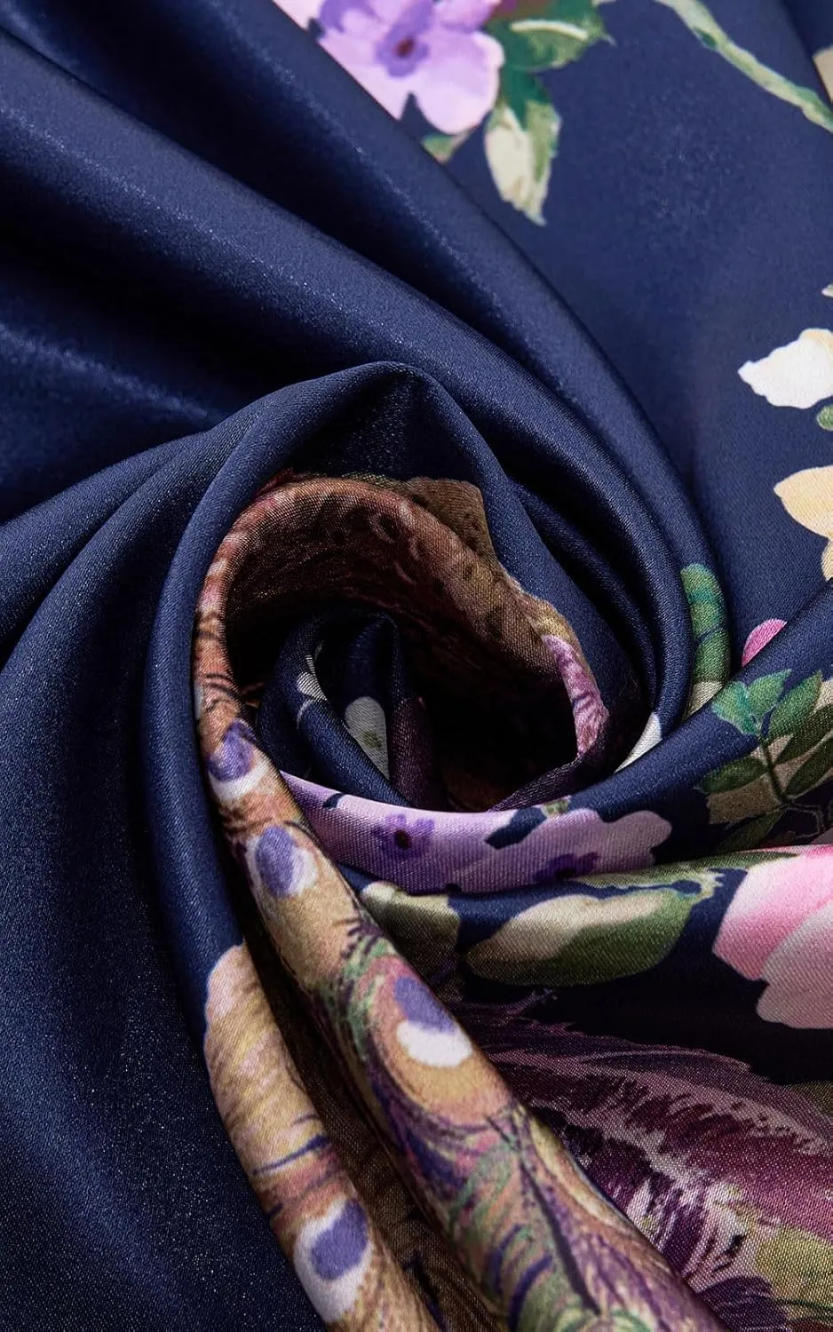Women's Satin Kimono Robes Peacock and Floral Printed Long Bathrobe Bridesmaid Wedding Party Dressing Gown