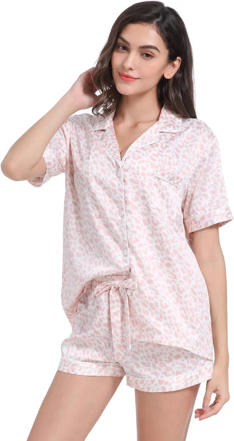 Women's Satin Pajama Set 2-Piece Sleepwear Loungewear Button Down Short Sleeve Silky PJ Set