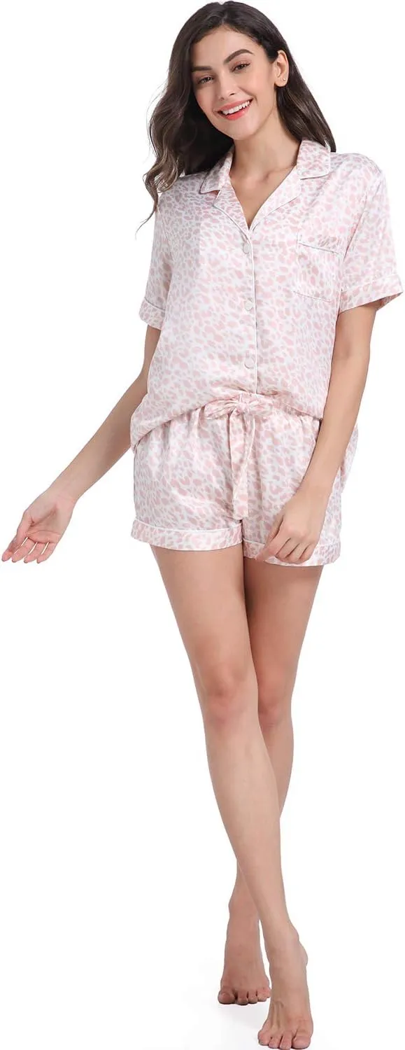 Women's Satin Pajama Set 2-Piece Sleepwear Loungewear Button Down Short Sleeve Silky PJ Set