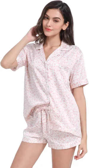Women's Satin Pajama Set 2-Piece Sleepwear Loungewear Button Down Short Sleeve Silky PJ Set