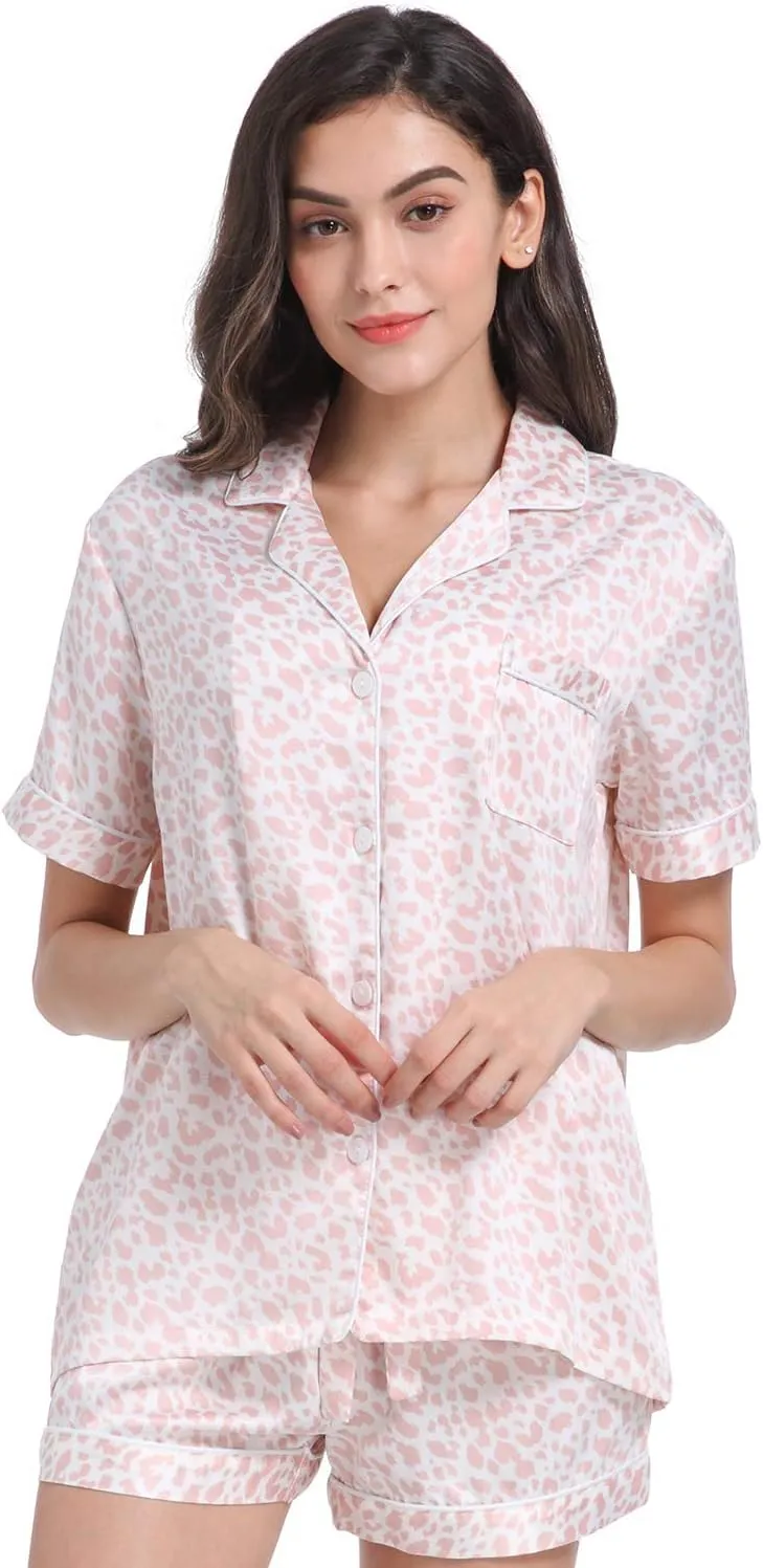 Women's Satin Pajama Set 2-Piece Sleepwear Loungewear Button Down Short Sleeve Silky PJ Set