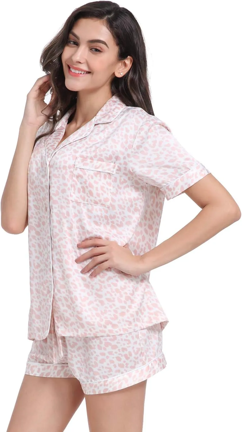 Women's Satin Pajama Set 2-Piece Sleepwear Loungewear Button Down Short Sleeve Silky PJ Set