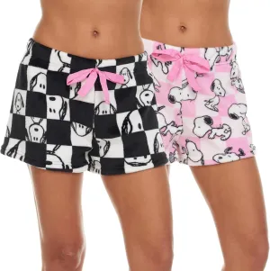 Womens Sleep Shorts - 2 Pack Peanuts Snoopy Plush Fleece Pajama Shorts for Women with Drawstring Waist (S-XL)