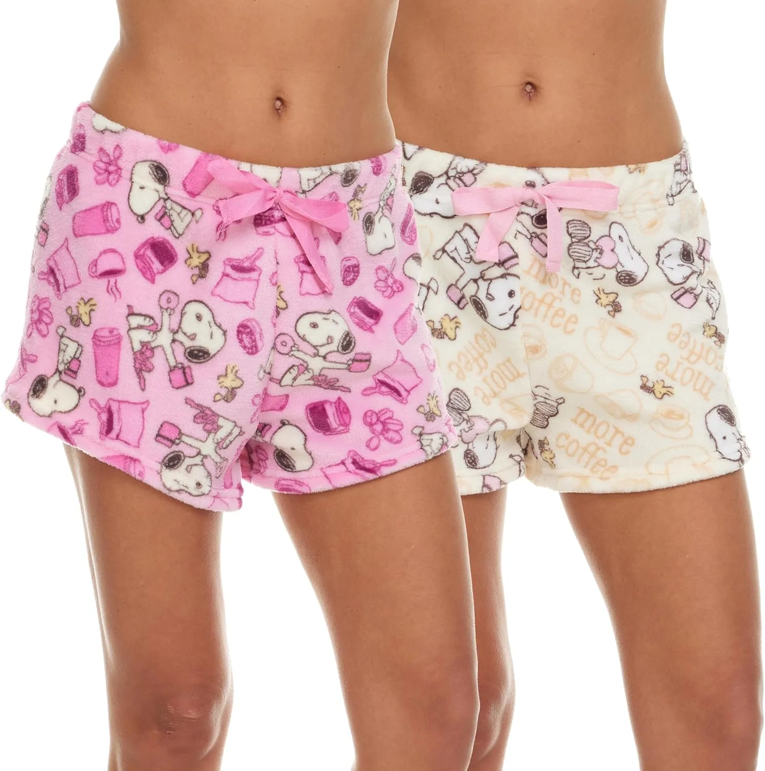 Womens Sleep Shorts - 2 Pack Peanuts Snoopy Plush Fleece Pajama Shorts for Women with Drawstring Waist (S-XL)