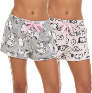 Womens Sleep Shorts - 2 Pack Peanuts Snoopy Plush Fleece Pajama Shorts for Women with Drawstring Waist (S-XL)