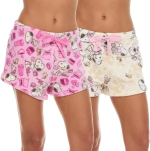 Womens Sleep Shorts - 2 Pack Peanuts Snoopy Plush Fleece Pajama Shorts for Women with Drawstring Waist (S-XL)
