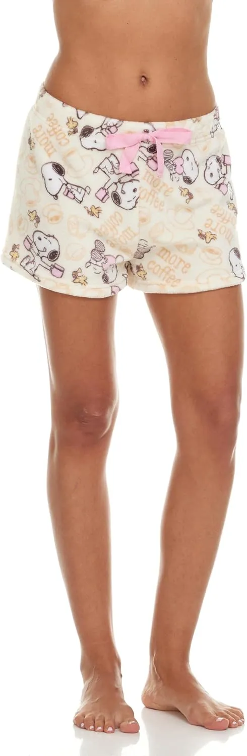 Womens Sleep Shorts - 2 Pack Peanuts Snoopy Plush Fleece Pajama Shorts for Women with Drawstring Waist (S-XL)