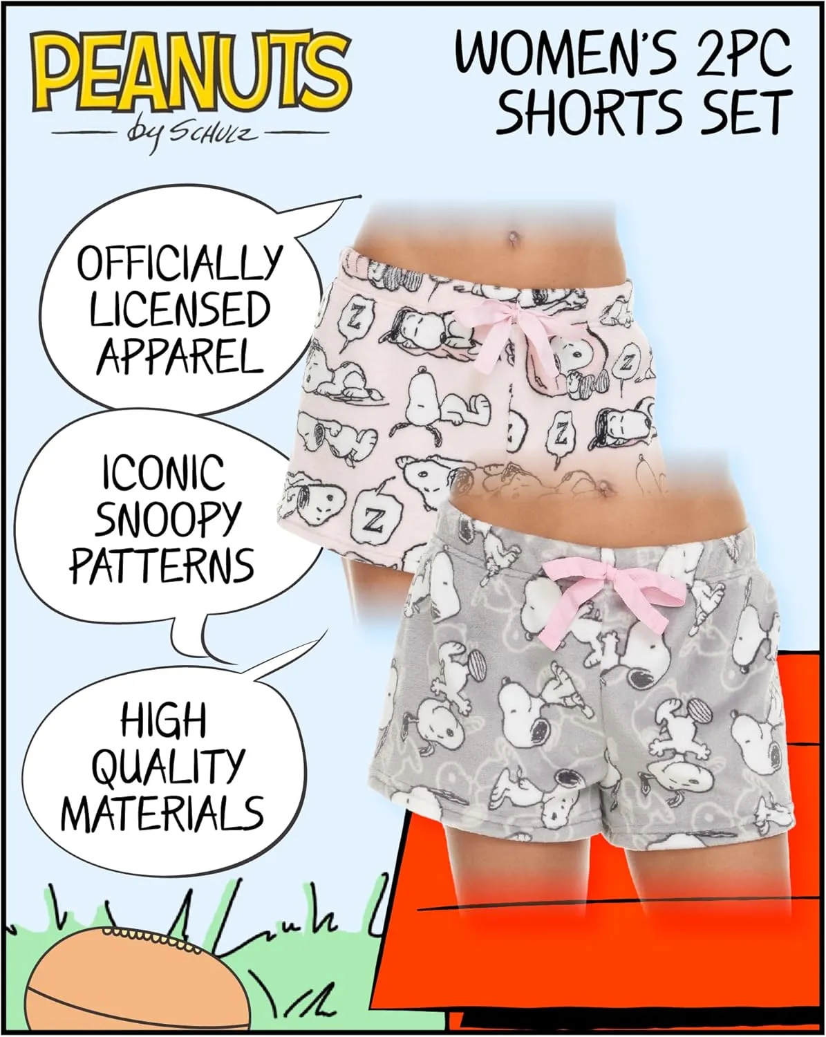 Womens Sleep Shorts - 2 Pack Peanuts Snoopy Plush Fleece Pajama Shorts for Women with Drawstring Waist (S-XL)