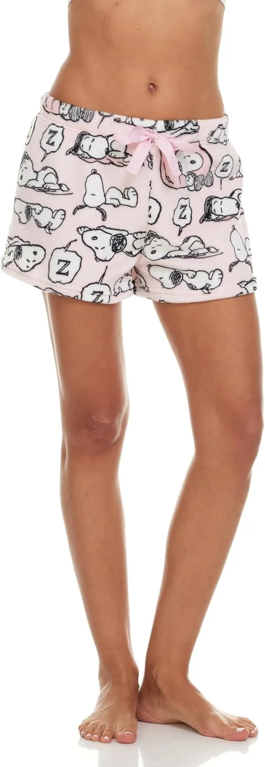Womens Sleep Shorts - 2 Pack Peanuts Snoopy Plush Fleece Pajama Shorts for Women with Drawstring Waist (S-XL)