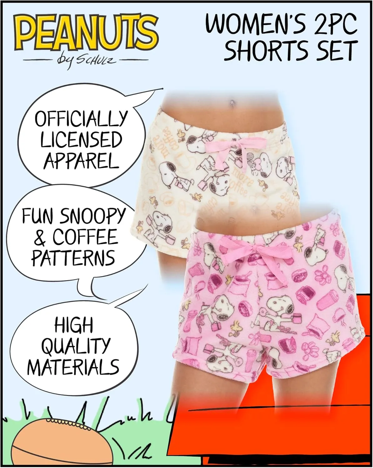 Womens Sleep Shorts - 2 Pack Peanuts Snoopy Plush Fleece Pajama Shorts for Women with Drawstring Waist (S-XL)