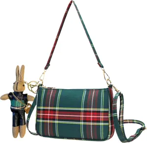 Womens Tartan Check Plaid Pattern Small Crossbody Phone Clutch Purse Rabbit Key Ring, 90's UK Punk Gold Zipper Handbag