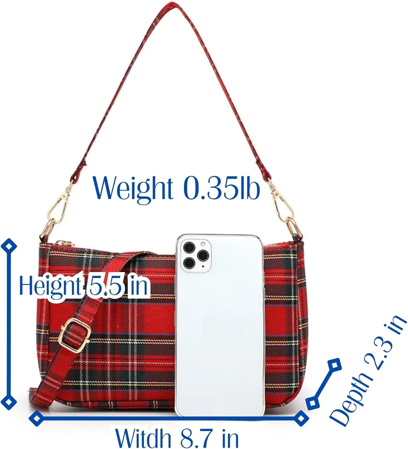 Womens Tartan Check Plaid Pattern Small Crossbody Phone Clutch Purse Rabbit Key Ring, 90's UK Punk Gold Zipper Handbag