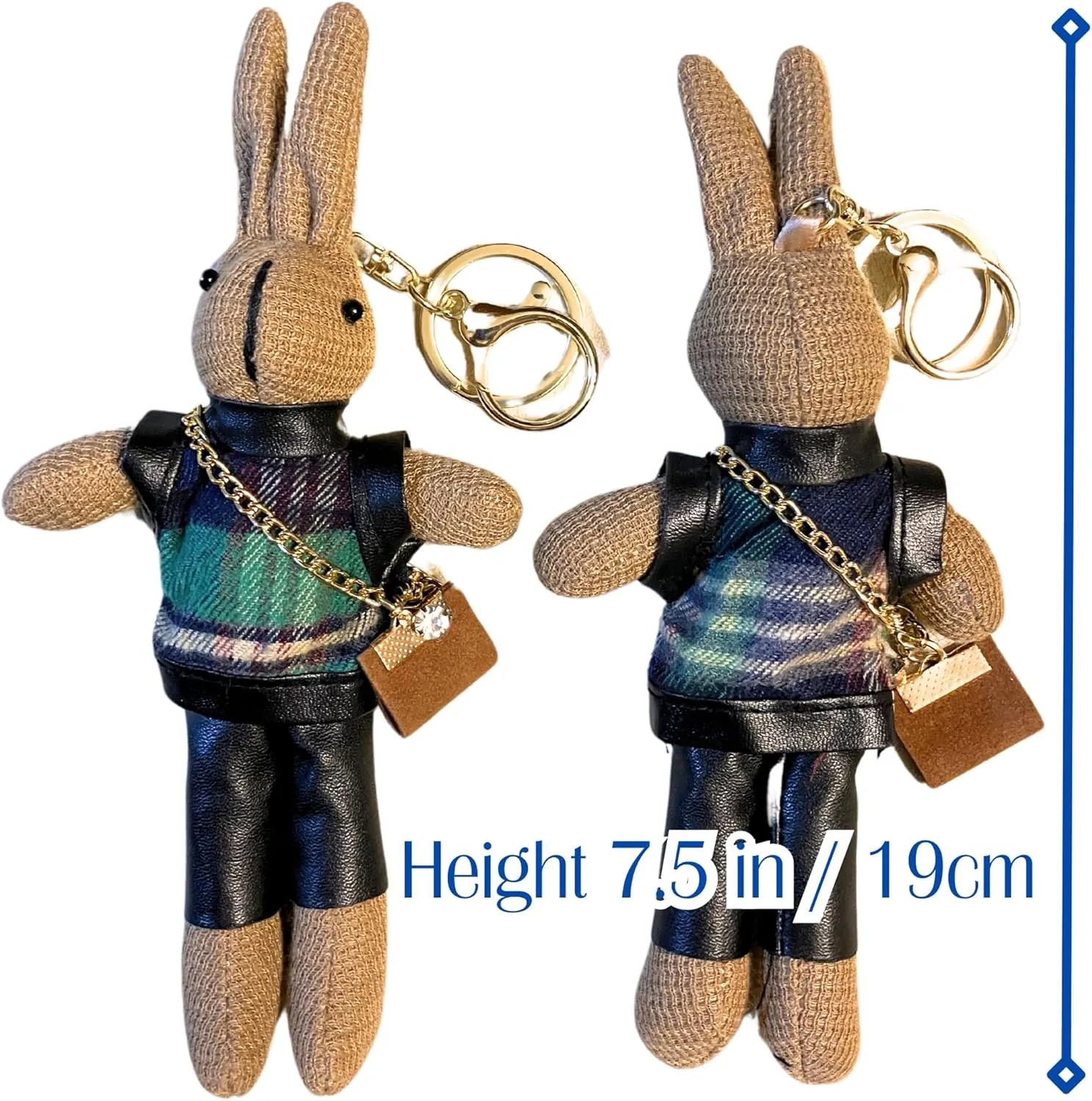 Womens Tartan Check Plaid Pattern Small Crossbody Phone Clutch Purse Rabbit Key Ring, 90's UK Punk Gold Zipper Handbag