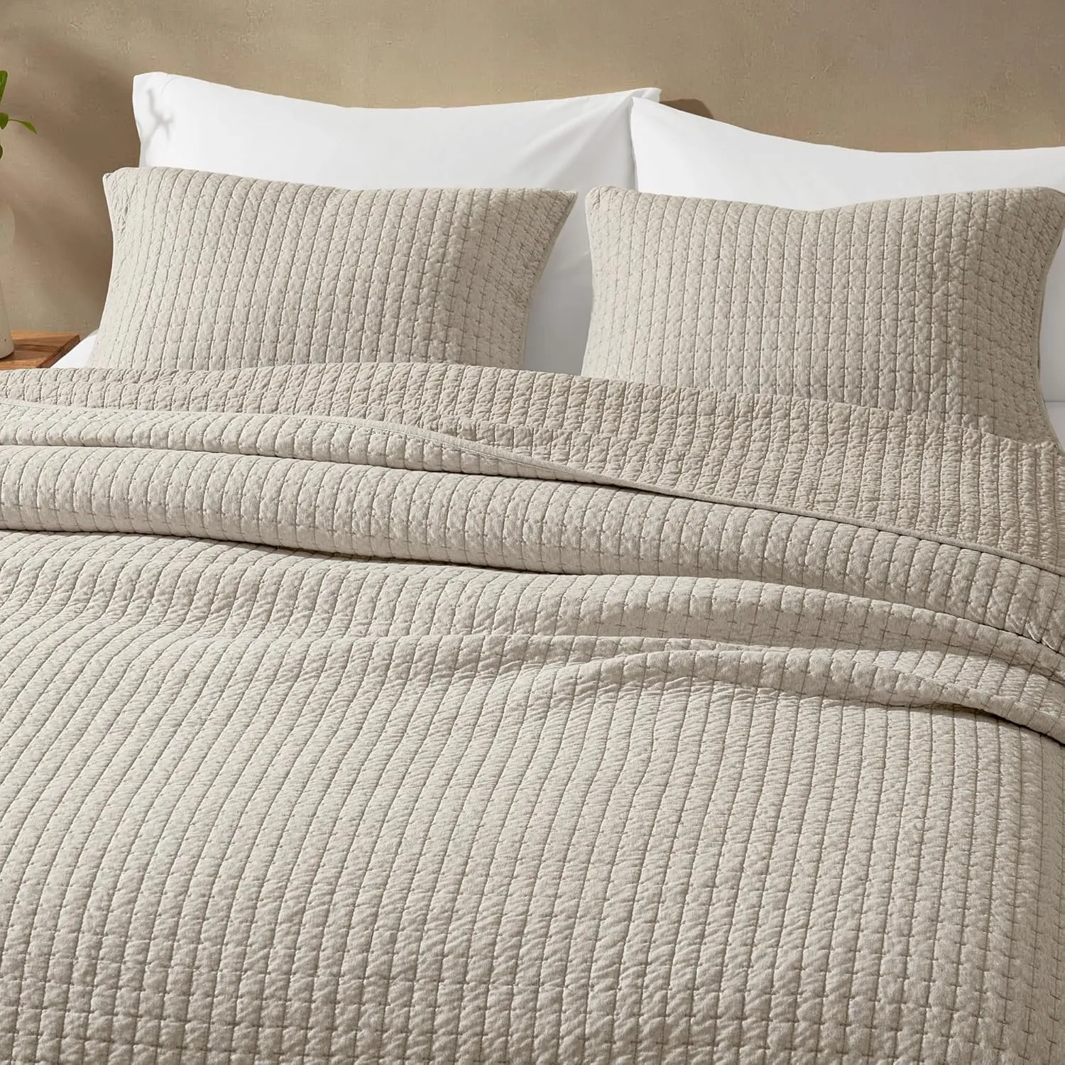 Wonderful 100% Cotton Jersey Knit Quilt - Rice Stitch Light Brown Queen Quilt with Two Pillow Shams - Soft & Breathable, All-Season Use, Hypoallergenic, Prewashed, Bedspread & Coverlet, 94"x94"