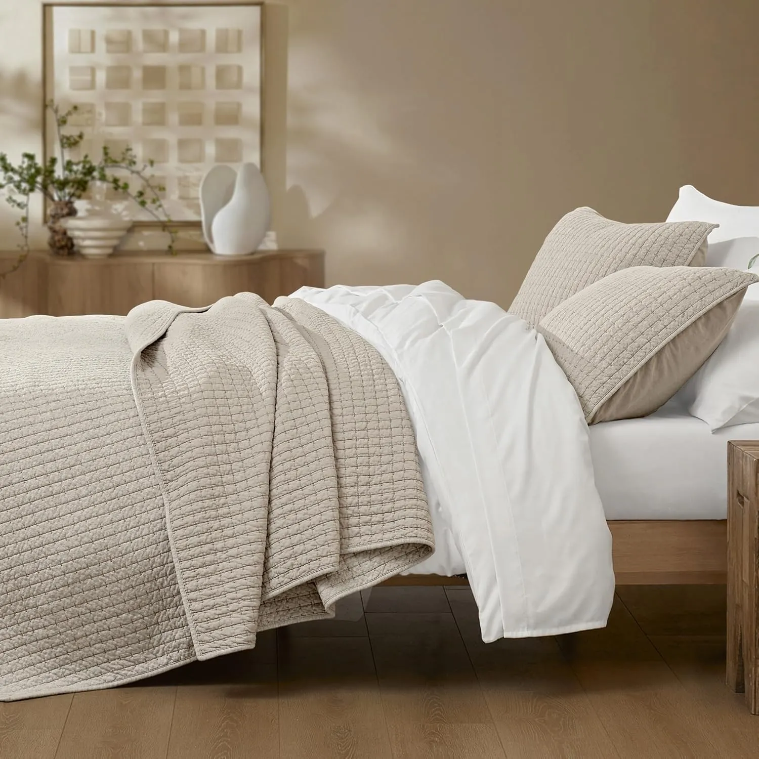 Wonderful 100% Cotton Jersey Knit Quilt - Rice Stitch Light Brown Queen Quilt with Two Pillow Shams - Soft & Breathable, All-Season Use, Hypoallergenic, Prewashed, Bedspread & Coverlet, 94"x94"
