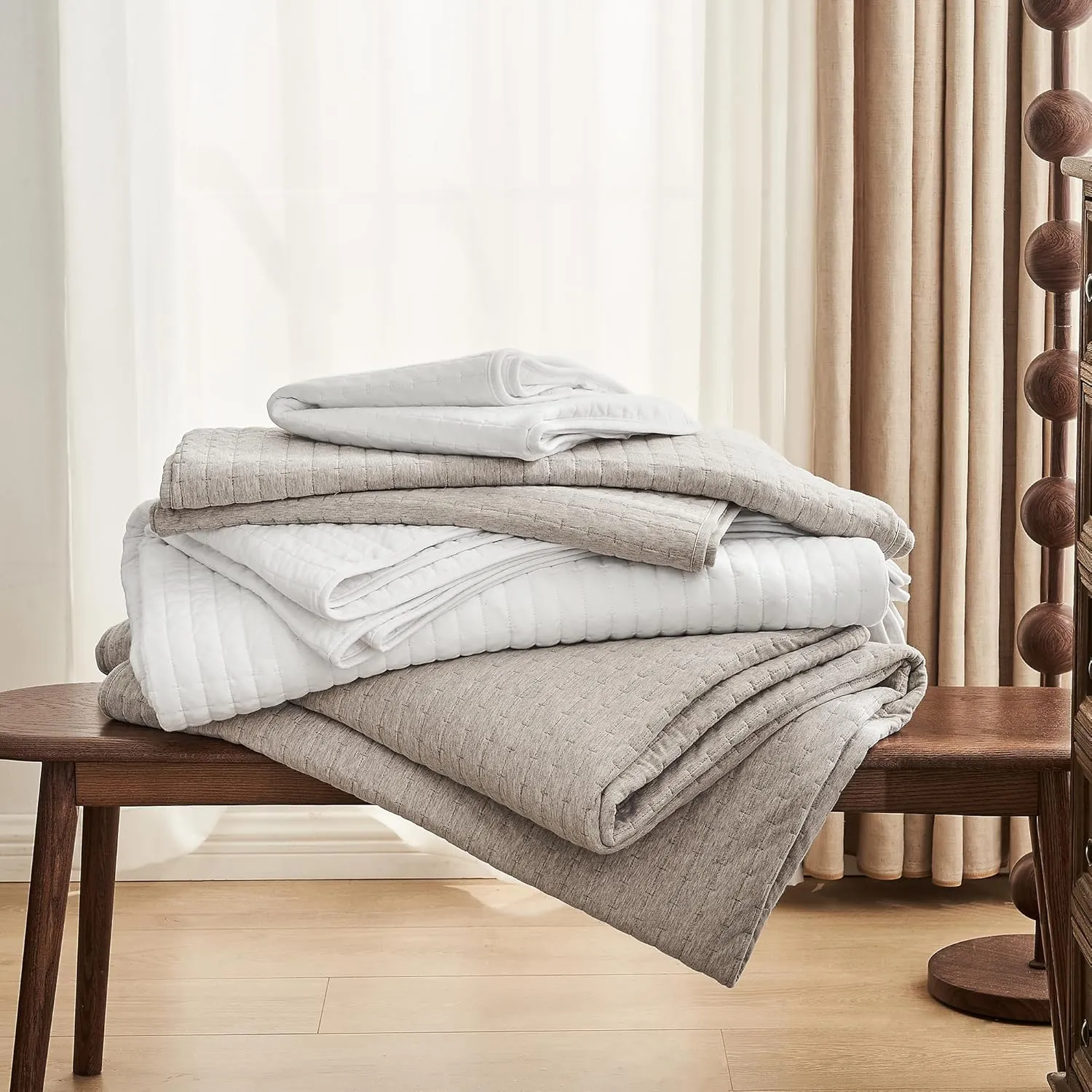 Wonderful 100% Cotton Jersey Knit Quilt - Rice Stitch Light Brown Queen Quilt with Two Pillow Shams - Soft & Breathable, All-Season Use, Hypoallergenic, Prewashed, Bedspread & Coverlet, 94"x94"