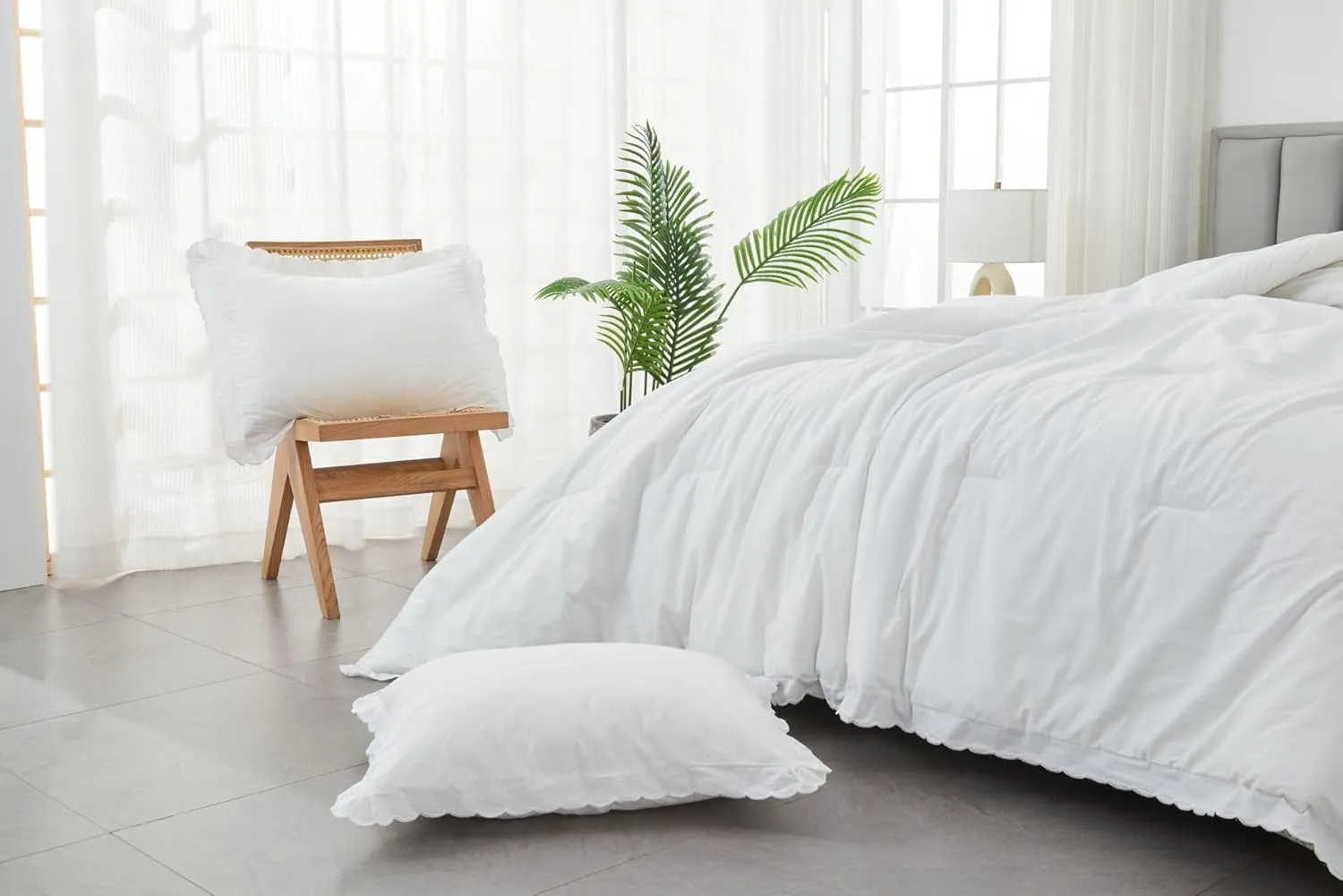 Wonderful Ruffle 100% Cotton White Comforter Set- 3 Piece Cozy Chic Ruffle Solid Color Lightweight Fluffy French Country Bedding Sets for All Season (Full/Queen)