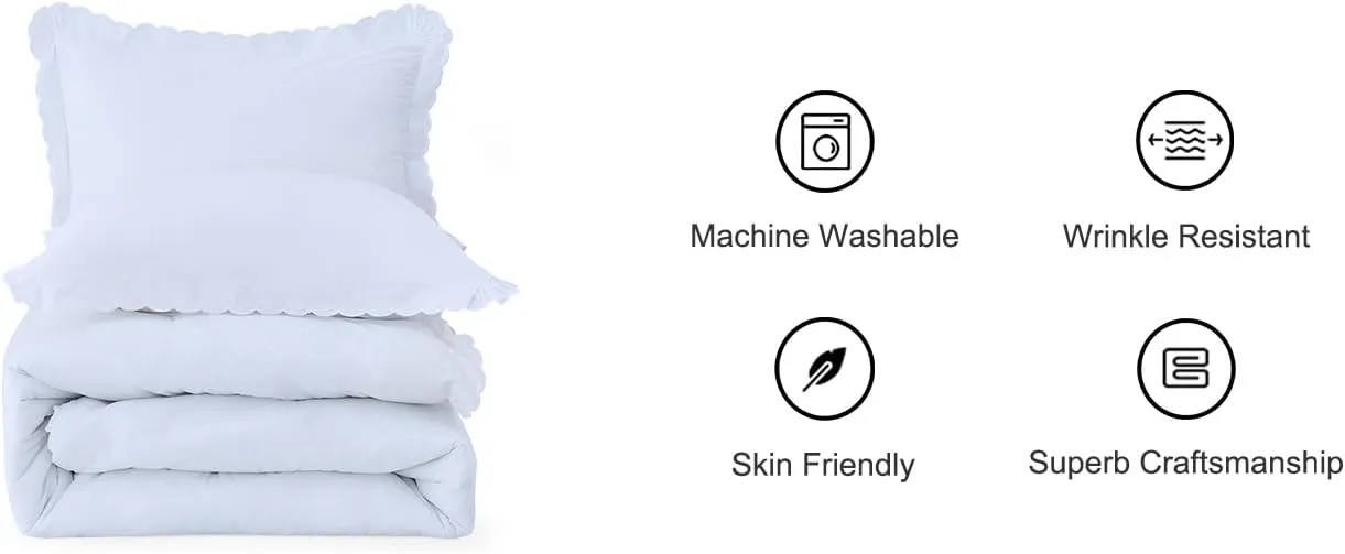 Wonderful Ruffle 100% Cotton White Comforter Set- 3 Piece Cozy Chic Ruffle Solid Color Lightweight Fluffy French Country Bedding Sets for All Season (Full/Queen)