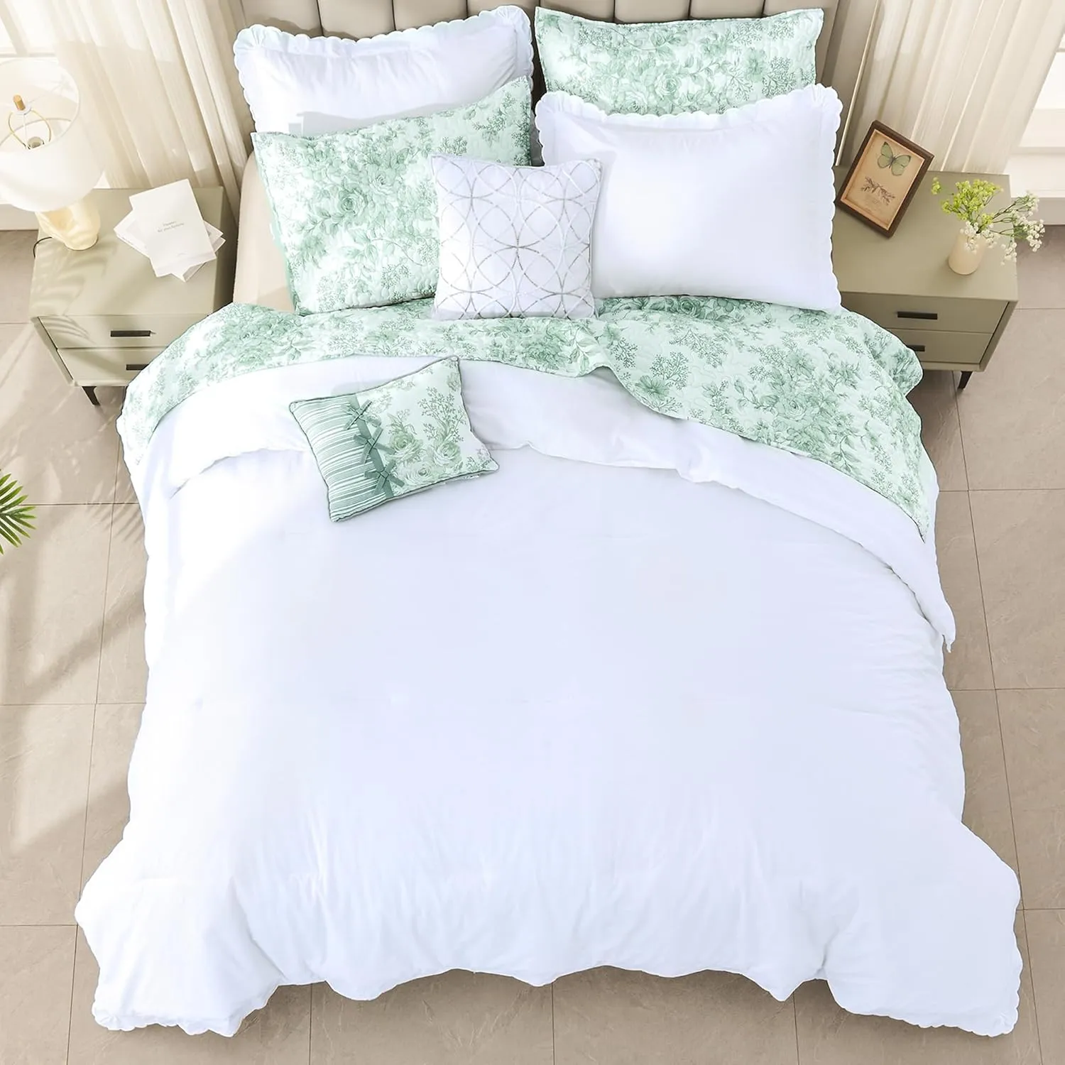 Wonderful Ruffle 100% Cotton White Comforter Set- 3 Piece Cozy Chic Ruffle Solid Color Lightweight Fluffy French Country Bedding Sets for All Season (Full/Queen)