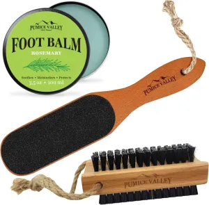 Wooden Pedicure Feet Scrubber with Handle for Callus, Dry, and Dead Skin Removal - Rosemary Foot Lotion 3.5 Oz - Wooden Cleaning Finger Nail Brush with Nylon Charcoal Bristles & Hanging Rope