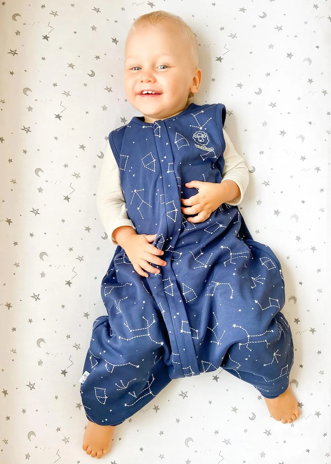 Woolino 4 Season Baby Sleep Bag with feet, Australian Merino Wool and Organic Cotton, 6-18 Months, NightSky