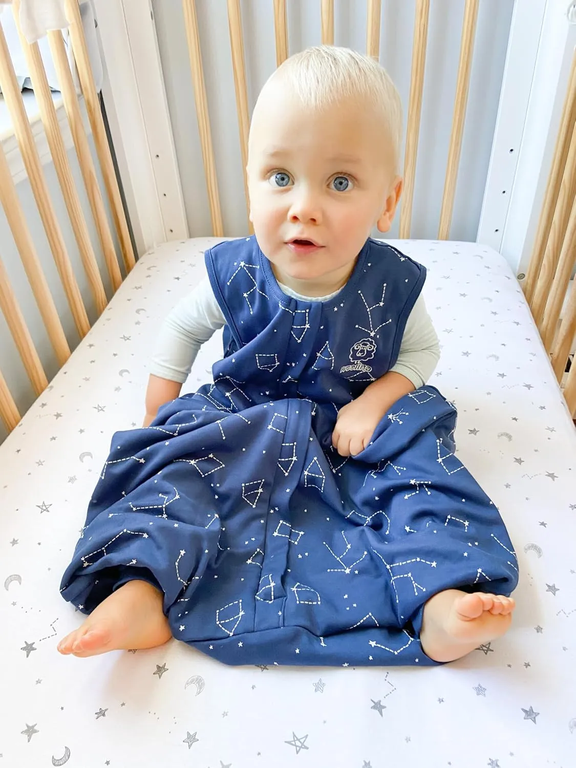 Woolino 4 Season Baby Sleep Bag with feet, Australian Merino Wool and Organic Cotton, 6-18 Months, NightSky