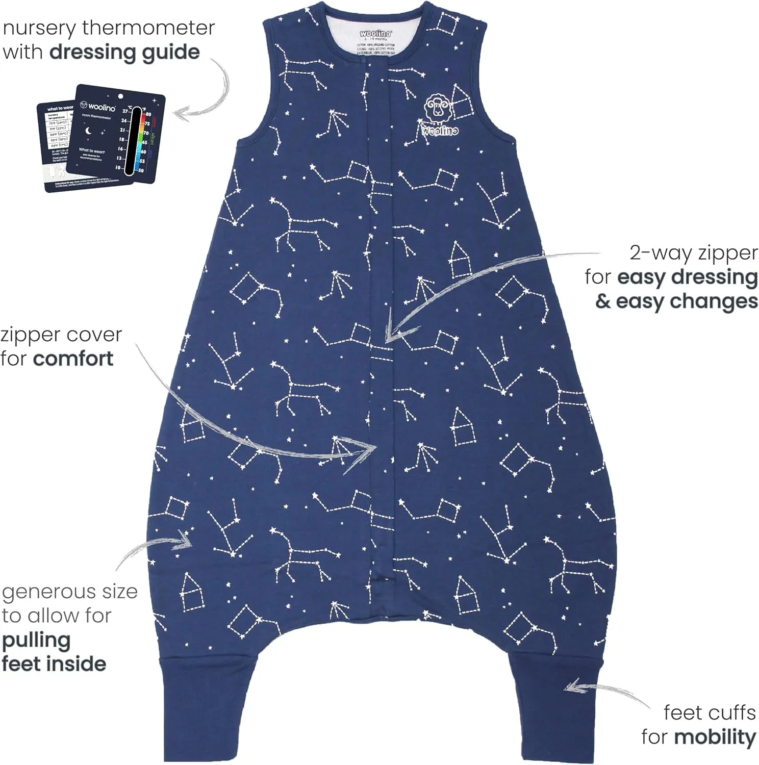 Woolino 4 Season Baby Sleep Bag with feet, Australian Merino Wool and Organic Cotton, 6-18 Months, NightSky