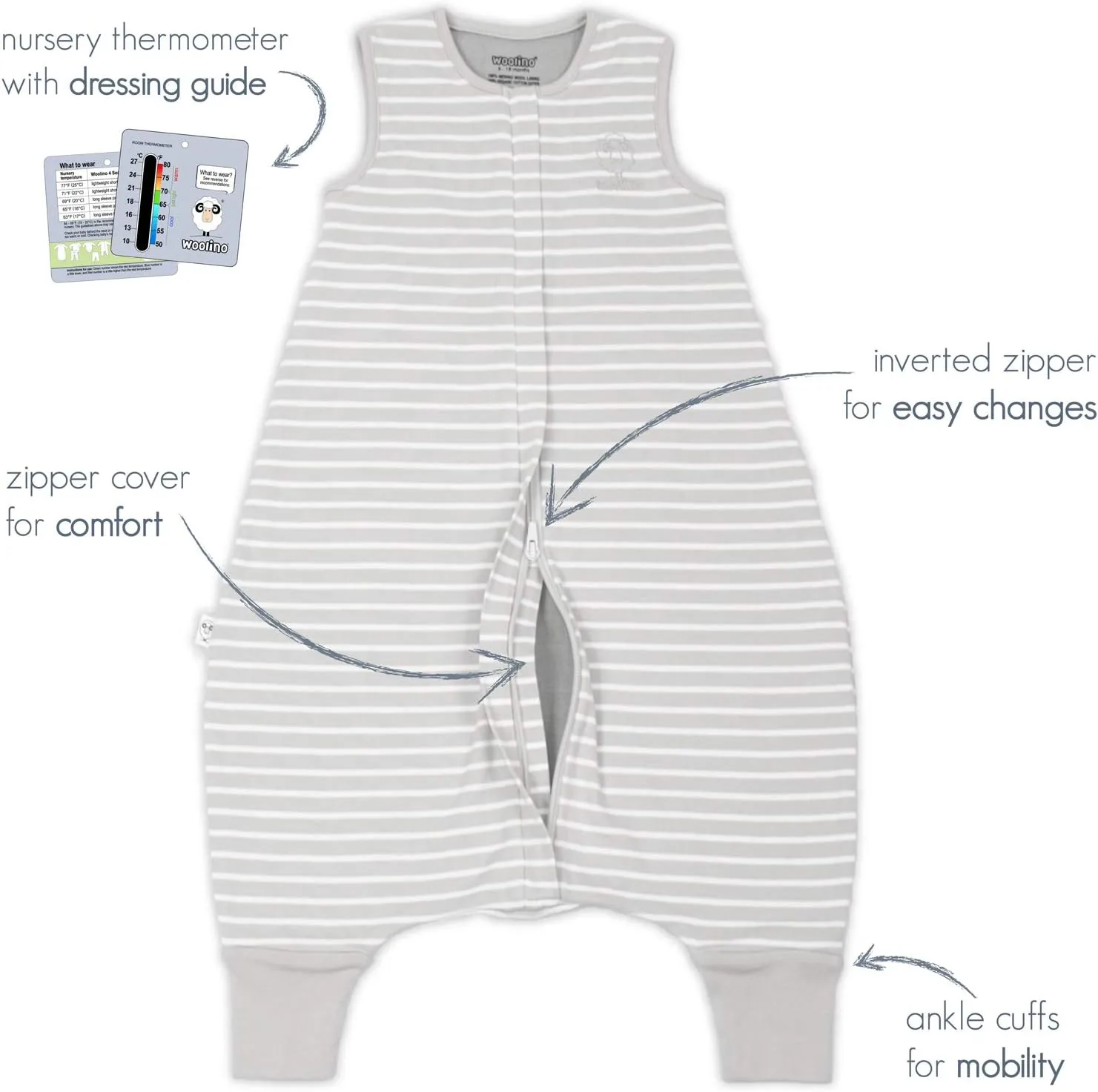 Woolino 4 Season Baby Sleep Bag with feet, Merino Wool and Organic Cotton Walker Sleep Bag Sack, Toddler Sleeping Bag, 18-36m, Gray