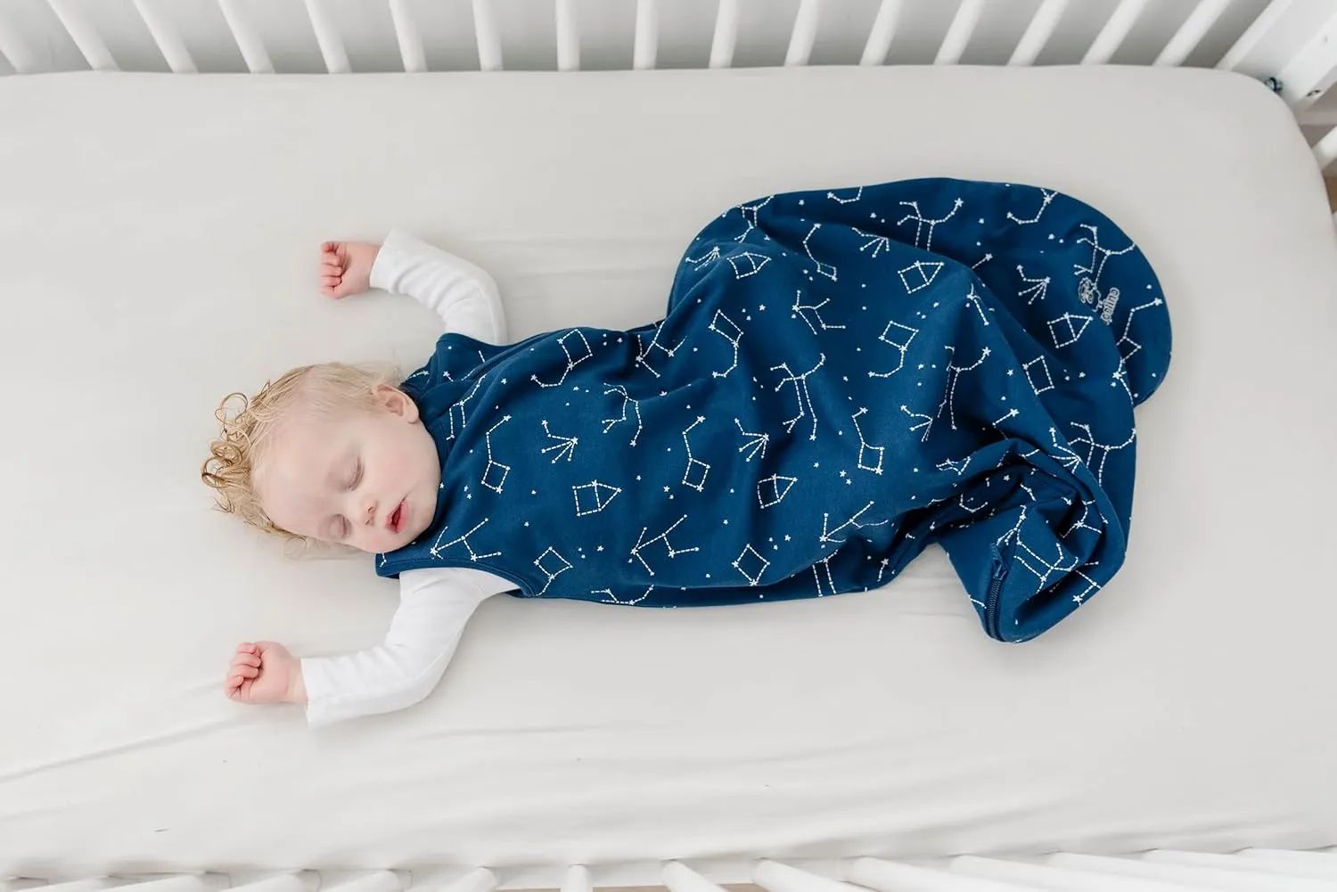 Woolino Merino Wool and Organic Cotton Baby Sleep Bag - 4 Season Classic Sleep Sack for Baby - Two-Way Zipper Sleeping Bag for Baby and Toddler - 6-18 Months - Night Sky