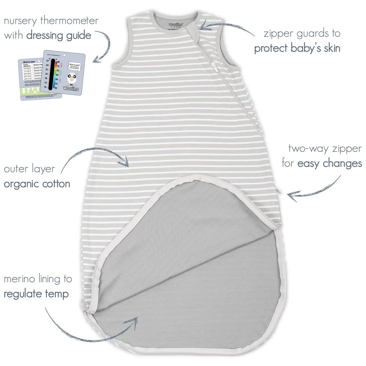 Woolino Merino Wool and Organic Cotton Baby Sleeping Bag - 4 Season Classic Sleep Sack - Two-Way Zipper Sleeping Bag for Baby and Toddler - 18-36 Months - Stars