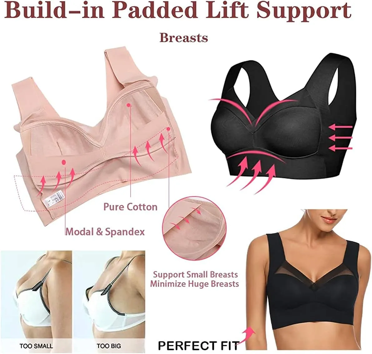 WOWENY Womens Wirefree Padded Bras Everyday Lounge Bra Sleeping Seamless Straps Bralettes Full Coverage Pullover Plus Size