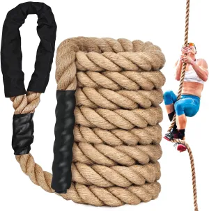 X XBEN Climbing Rope for Gym, Fitness, Strength Training, Heavy Jute Rope for Tree Swing Obstacle Course Backyard, Exercise Workout Pulling Jute Rope for Adults,10FT 20FT 30FT 50FT 1.5 Inch