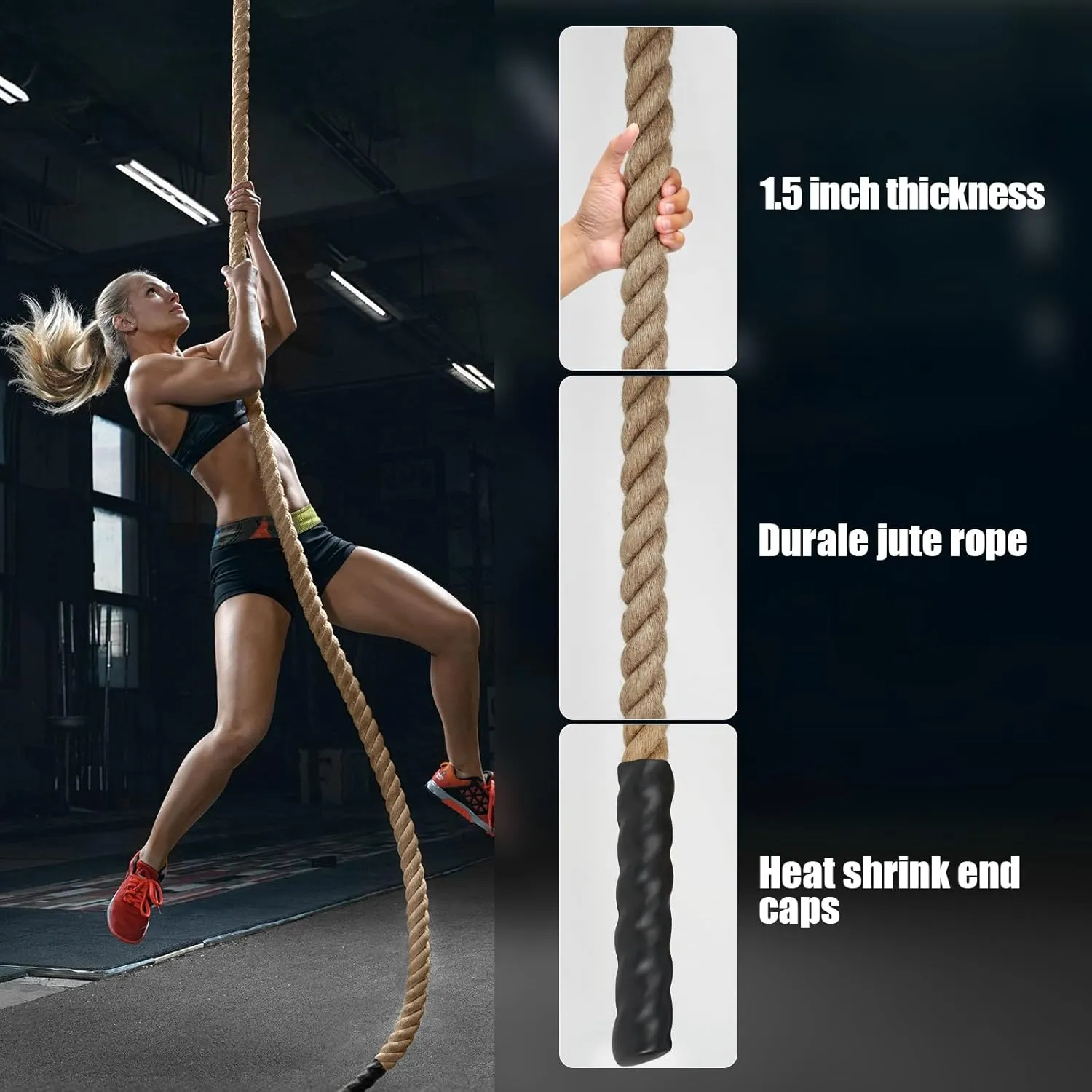 X XBEN Climbing Rope for Gym, Fitness, Strength Training, Heavy Jute Rope for Tree Swing Obstacle Course Backyard, Exercise Workout Pulling Jute Rope for Adults,10FT 20FT 30FT 50FT 1.5 Inch