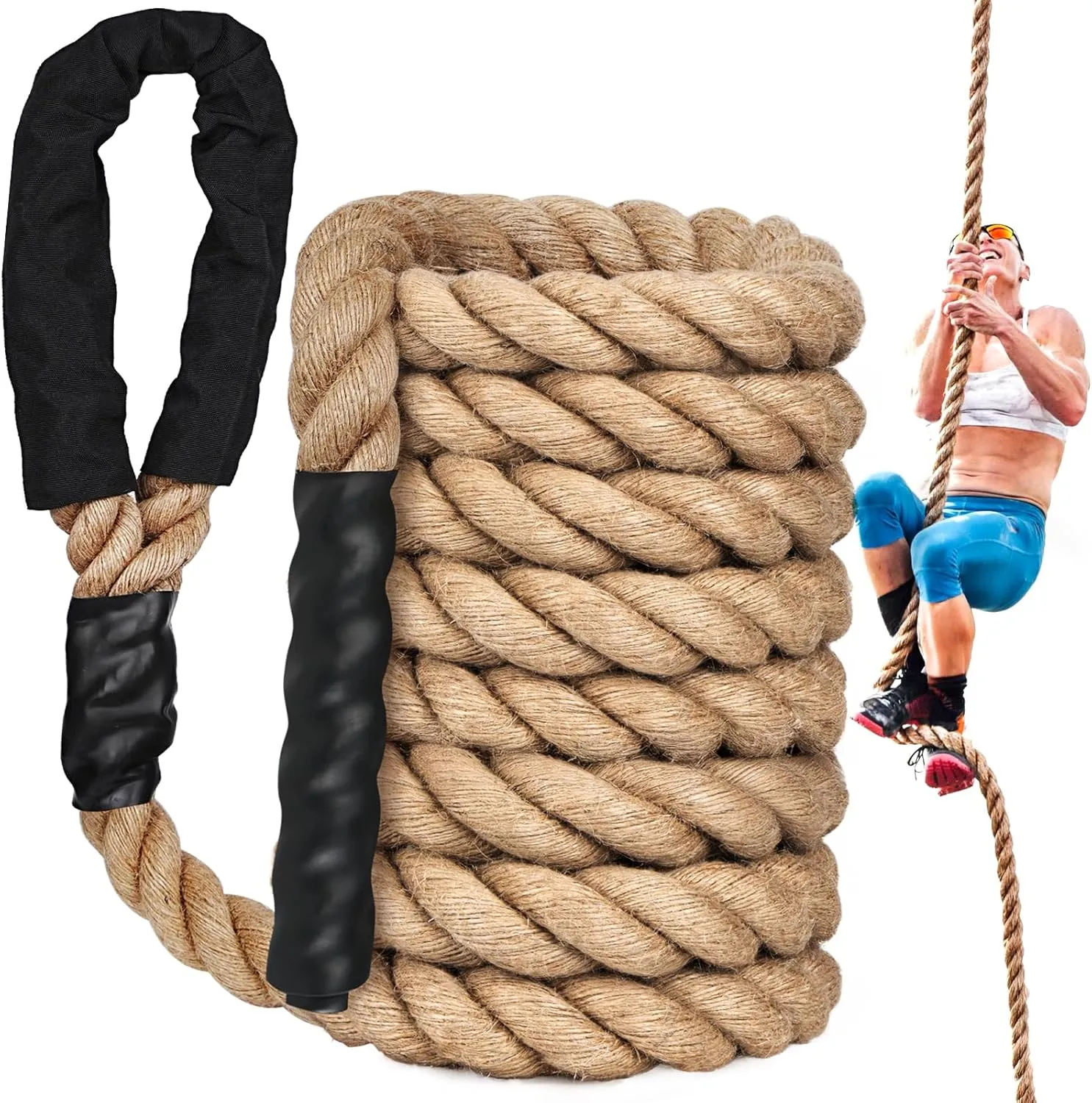 X XBEN Climbing Rope for Gym, Fitness, Strength Training, Heavy Jute Rope for Tree Swing Obstacle Course Backyard, Exercise Workout Pulling Jute Rope for Adults,10FT 20FT 30FT 50FT 1.5 Inch