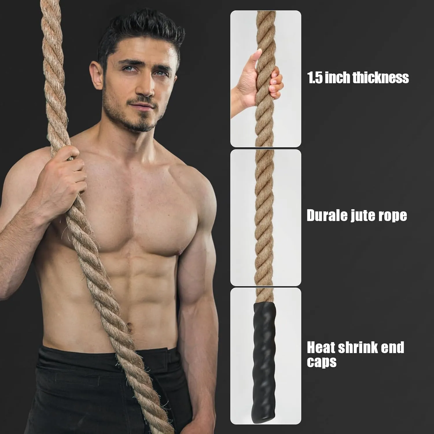 X XBEN Climbing Rope for Gym, Fitness, Strength Training, Heavy Jute Rope for Tree Swing Obstacle Course Backyard, Exercise Workout Pulling Jute Rope for Adults,10FT 20FT 30FT 50FT 1.5 Inch