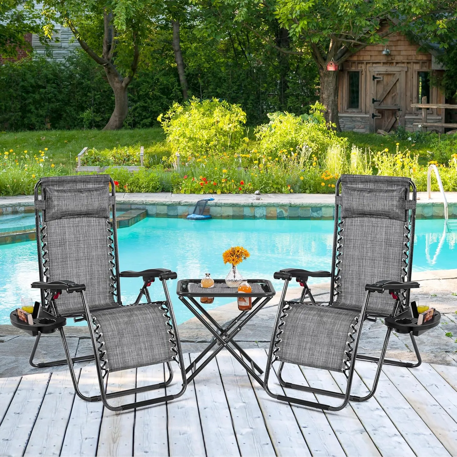 Yaheetech 3PCS Zero Gravity Recliner Portable Outdoor Reclining Chair Set w/Side Table Folding Chaise Lounge Chairs for Patio Beach Deck Garden Pool Gray