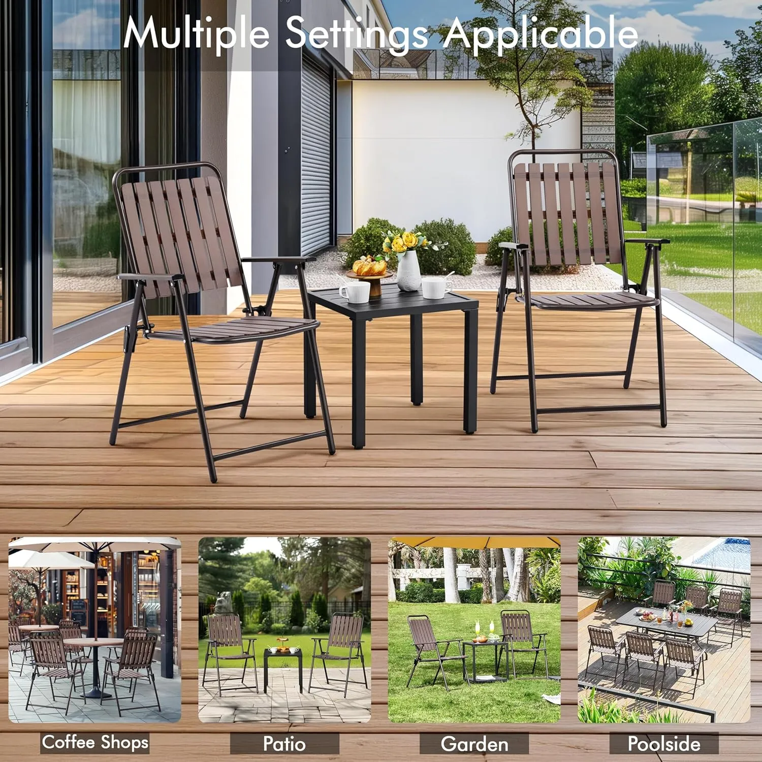Yaheetech Folding Patio Chair Set of 4, Outdoor Dining Chair with Armrests, Plastic Patio Chair for Porch, Deck, Garden, Backyard, No Assembly Espresso