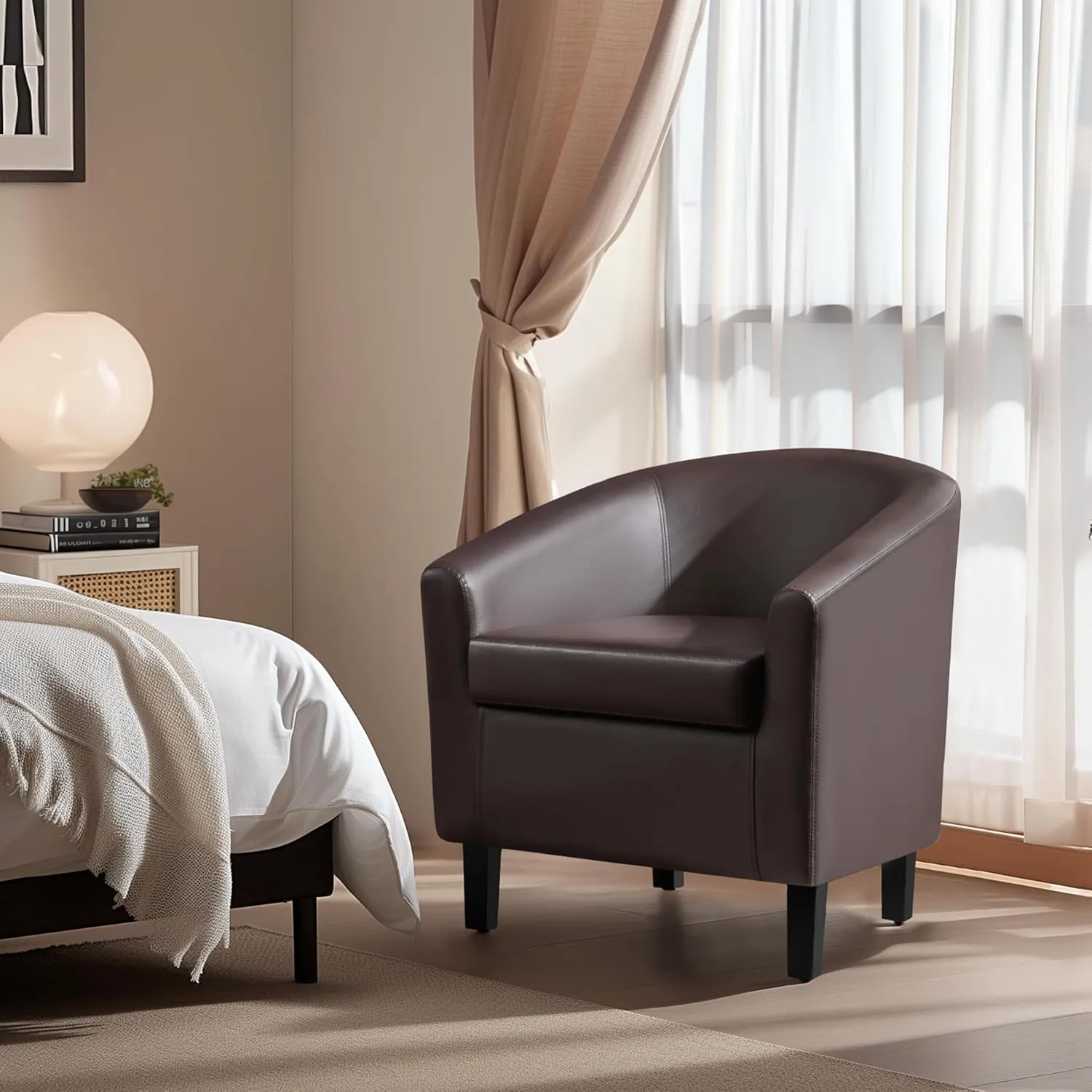Yaheetech Leather Club Chair, Faux Leather Accent Chair, Modern Living Room Armchair with Wood Legs and Padded Seat for Bedroom Reception Room, Espresso