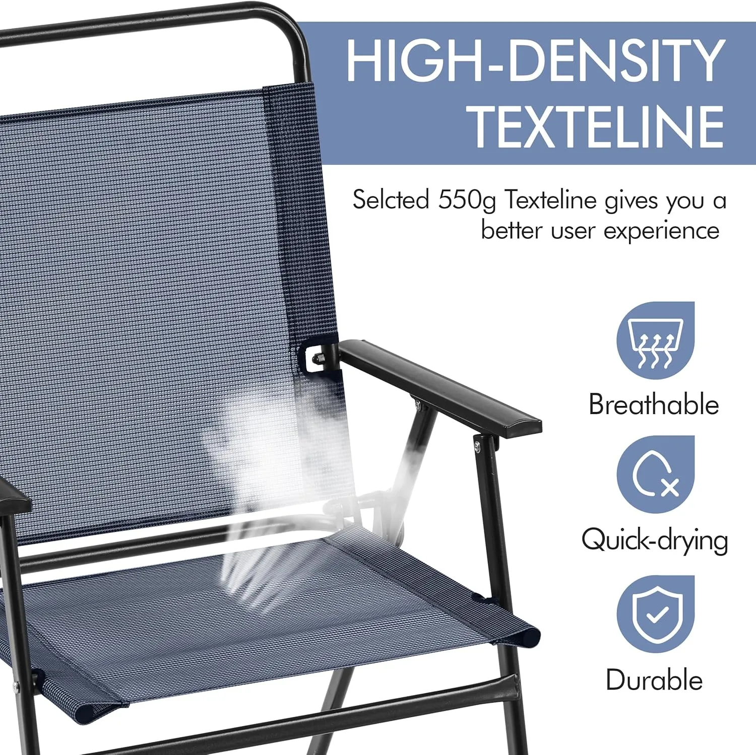 Yaheetech Outdoor Patio Chairs Set of 2, Folding Patio Chairs with Metal Frame, Armrests, Portable Dining Chairs for Camping, Lawn, Garden and Porch, Navy Blue