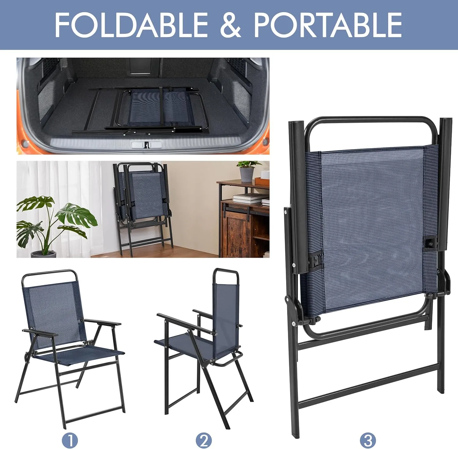 Yaheetech Outdoor Patio Chairs Set of 2, Folding Patio Chairs with Metal Frame, Armrests, Portable Dining Chairs for Camping, Lawn, Garden and Porch, Navy Blue