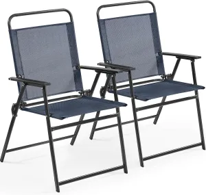 Yaheetech Outdoor Patio Chairs Set of 2, Folding Patio Chairs with Metal Frame, Armrests, Portable Dining Chairs for Camping, Lawn, Garden and Porch, Navy Blue