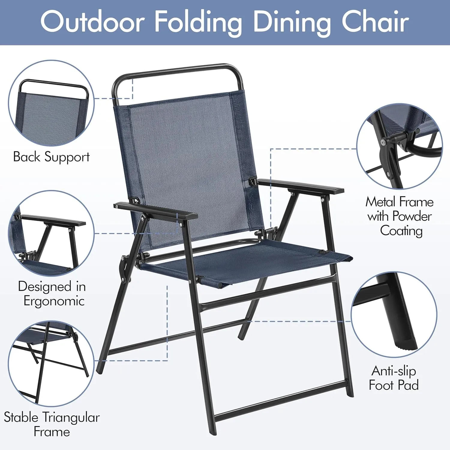 Yaheetech Outdoor Patio Chairs Set of 2, Folding Patio Chairs with Metal Frame, Armrests, Portable Dining Chairs for Camping, Lawn, Garden and Porch, Navy Blue