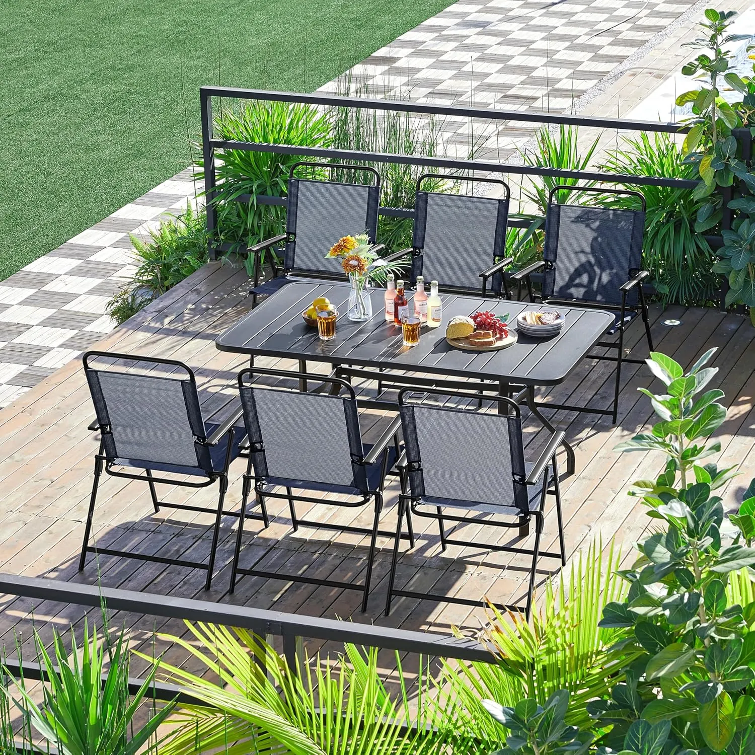 Yaheetech Outdoor Patio Chairs Set of 2, Folding Patio Chairs with Metal Frame, Armrests, Portable Dining Chairs for Camping, Lawn, Garden and Porch, Navy Blue