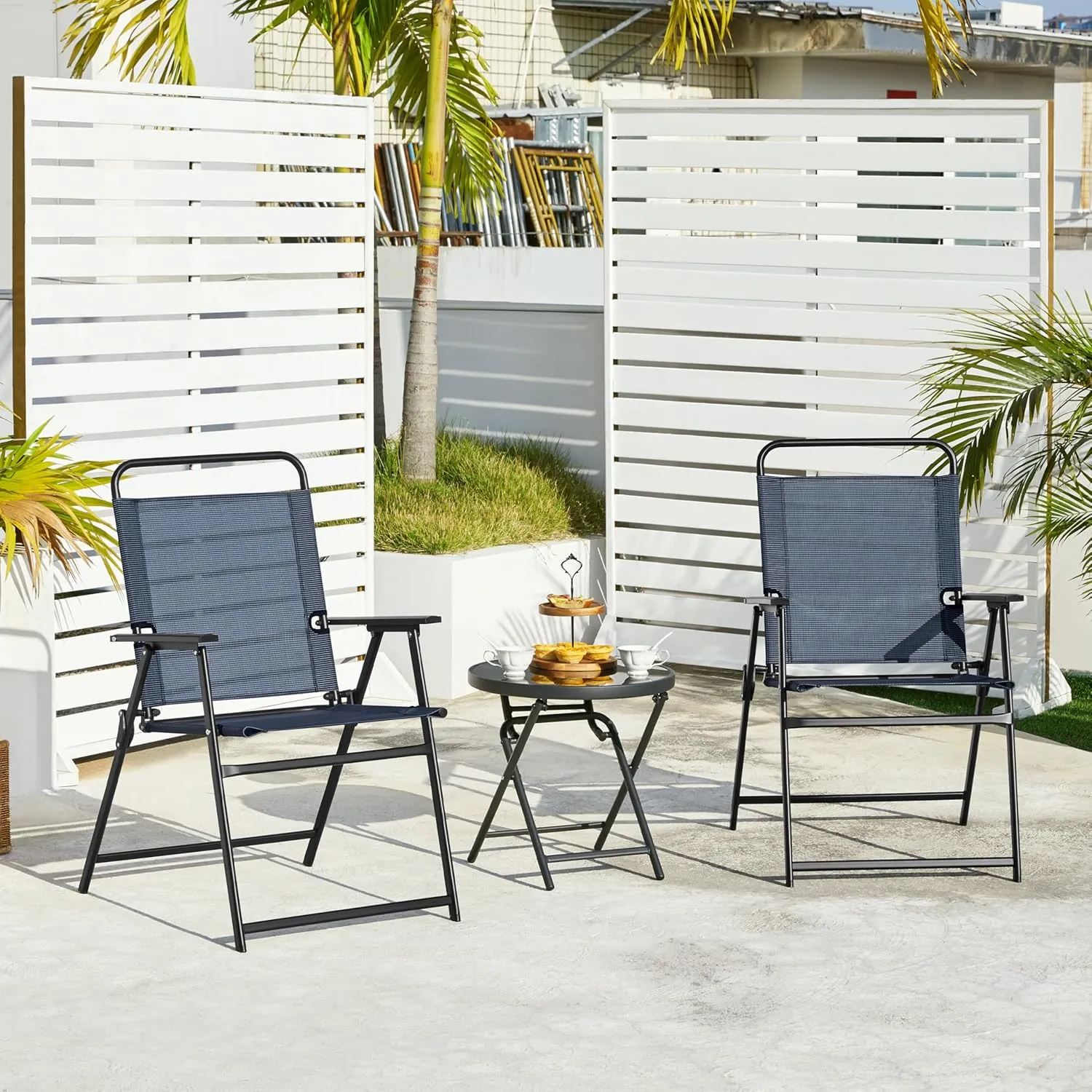 Yaheetech Outdoor Patio Chairs Set of 2, Folding Patio Chairs with Metal Frame, Armrests, Portable Dining Chairs for Camping, Lawn, Garden and Porch, Navy Blue