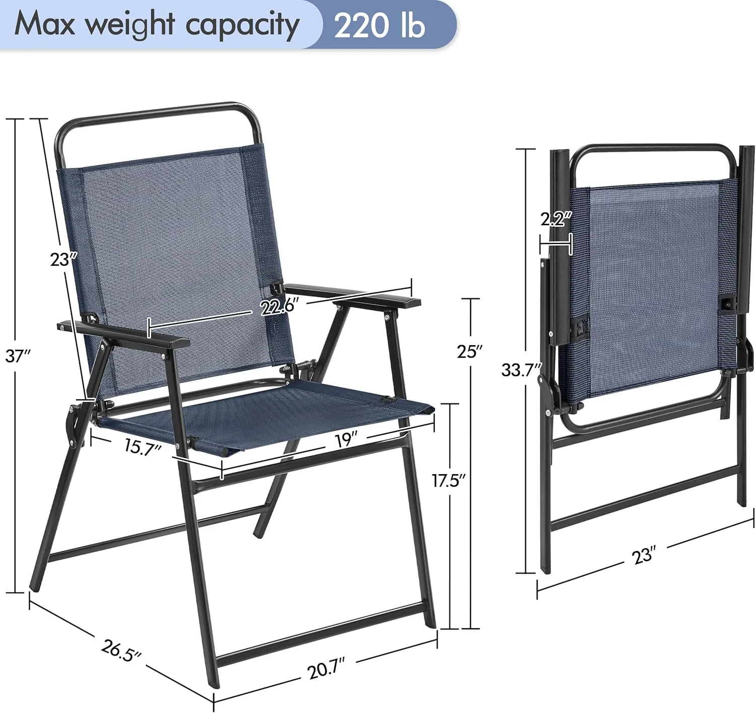 Yaheetech Outdoor Patio Chairs Set of 2, Folding Patio Chairs with Metal Frame, Armrests, Portable Dining Chairs for Camping, Lawn, Garden and Porch, Navy Blue