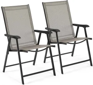 Yaheetech Patio Dining Chairs Set of 2, Portable Dining Chairs with Armrests for Camping, Lawn and Beach, Folding Patio Chairs 2-Pack of Metal Frame, Brown