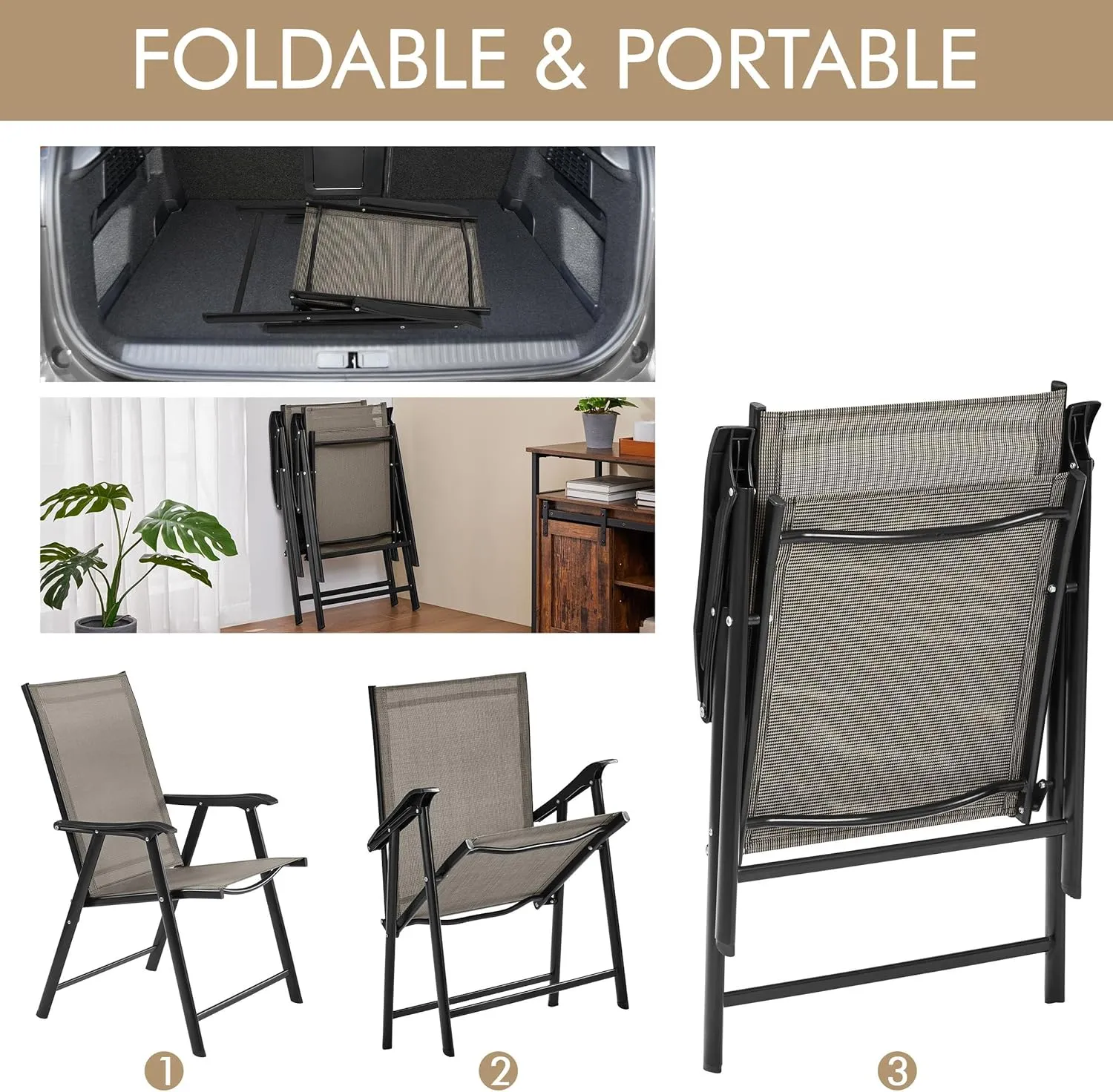 Yaheetech Patio Dining Chairs Set of 2, Portable Dining Chairs with Armrests for Camping, Lawn and Beach, Folding Patio Chairs 2-Pack of Metal Frame, Brown