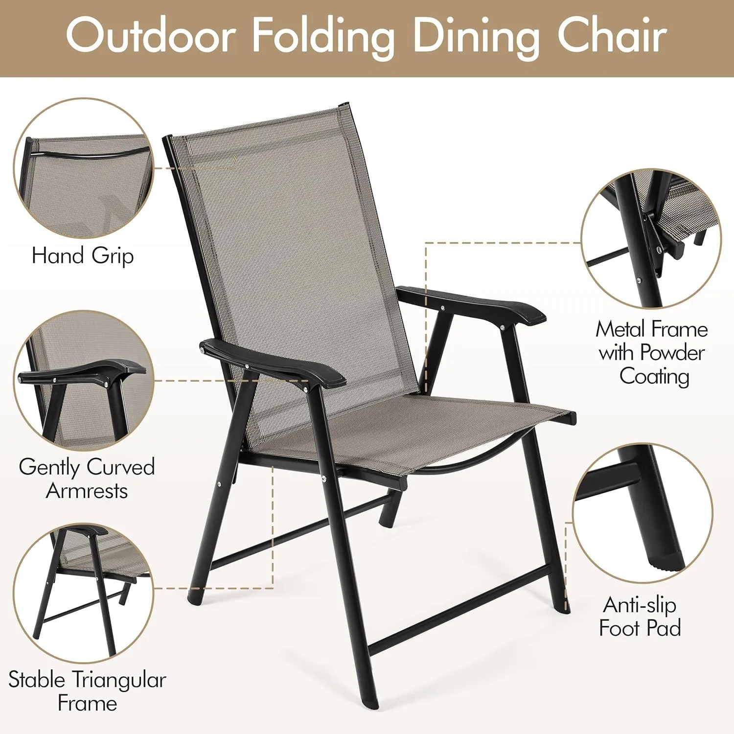 Yaheetech Patio Dining Chairs Set of 2, Portable Dining Chairs with Armrests for Camping, Lawn and Beach, Folding Patio Chairs 2-Pack of Metal Frame, Brown