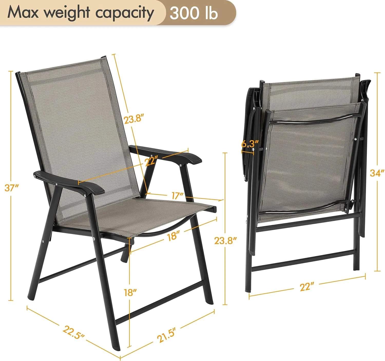 Yaheetech Patio Dining Chairs Set of 2, Portable Dining Chairs with Armrests for Camping, Lawn and Beach, Folding Patio Chairs 2-Pack of Metal Frame, Brown