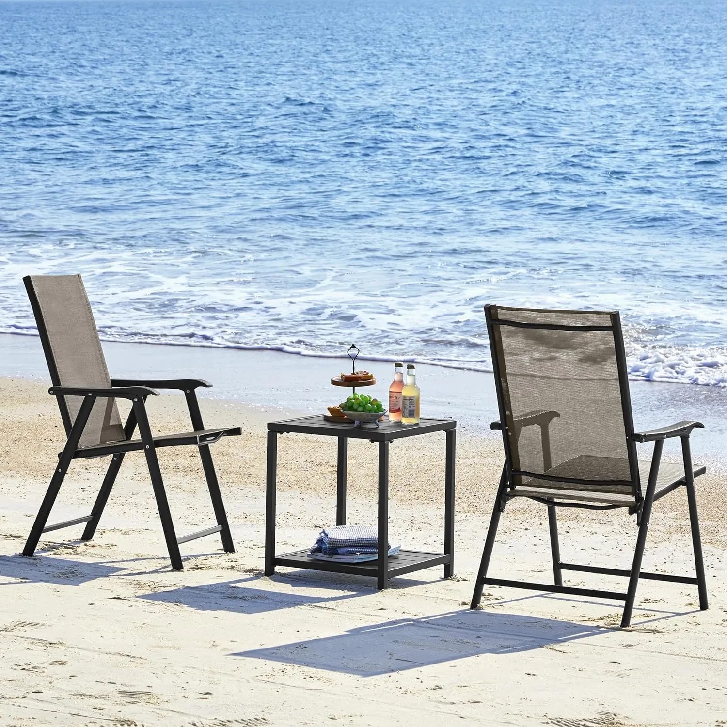 Yaheetech Patio Dining Chairs Set of 2, Portable Dining Chairs with Armrests for Camping, Lawn and Beach, Folding Patio Chairs 2-Pack of Metal Frame, Brown